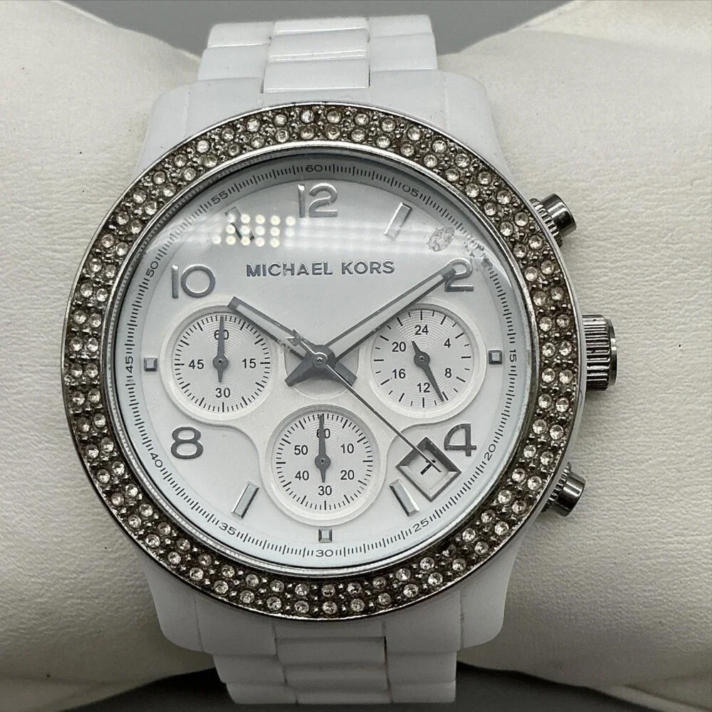 Michael Kors MK-5188 Women Watch 39mm White Ceramic Chronograph New Battery 6